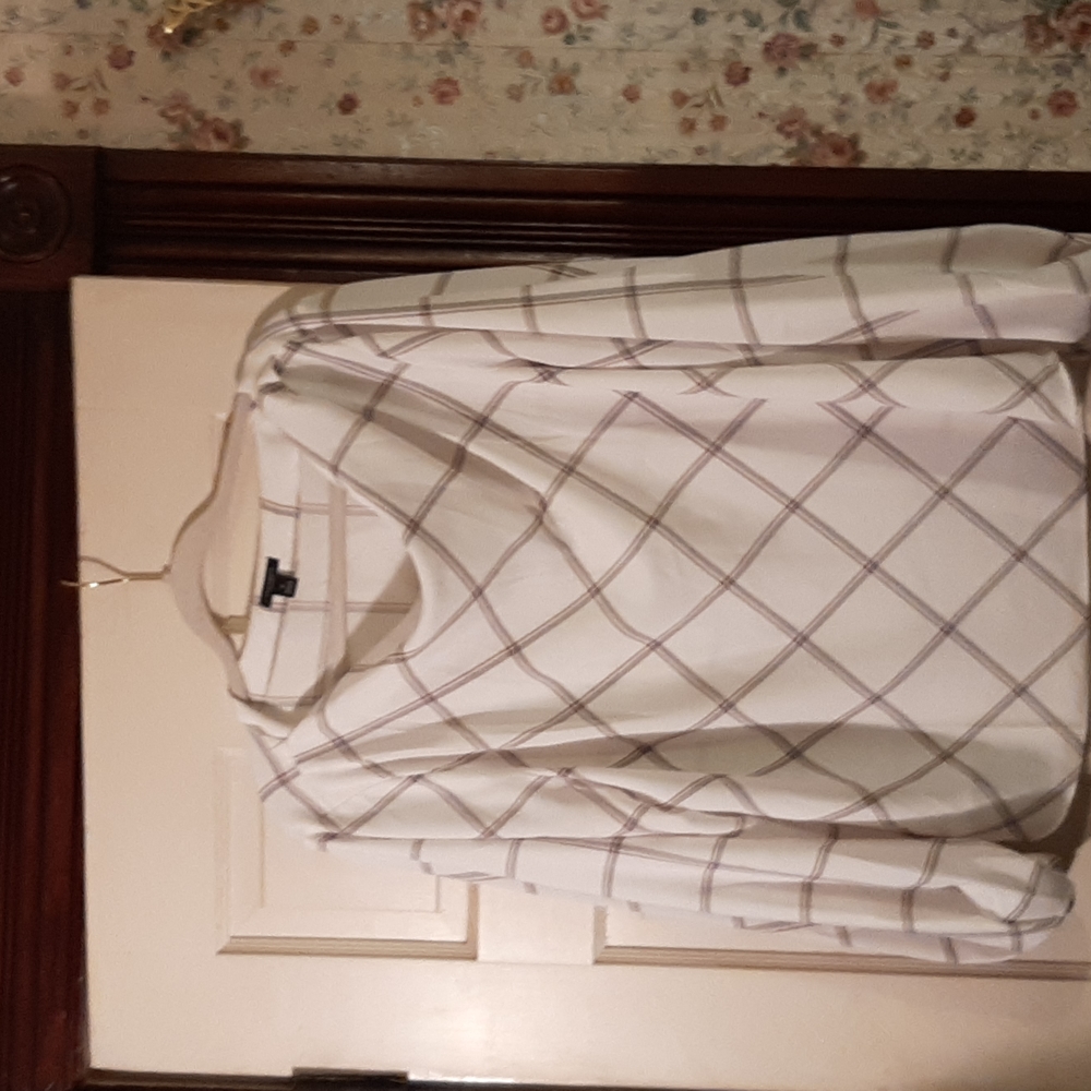 Ann Taylor White Blouse with Taupe and Light Gray Windowpane Pattern